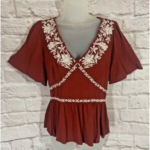 Peasant Embroidered Floral Smocked Bohemian Crinkle Babydoll Top Large Knox Rose